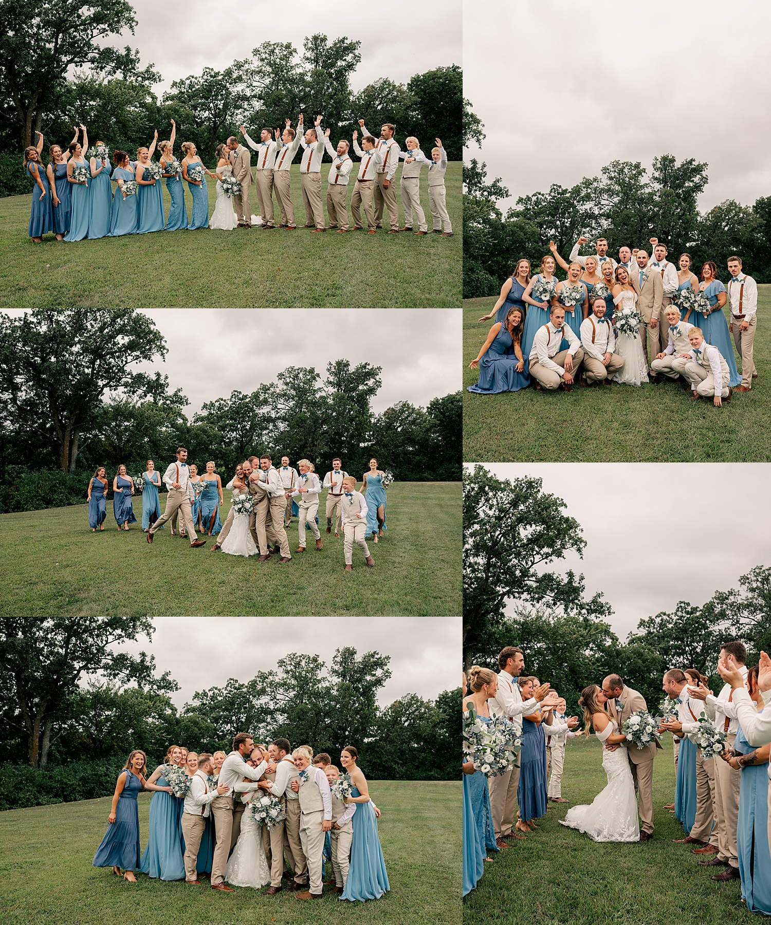 bridesmaids in blue and groomsmen in tan on a field by Minnesota photographer