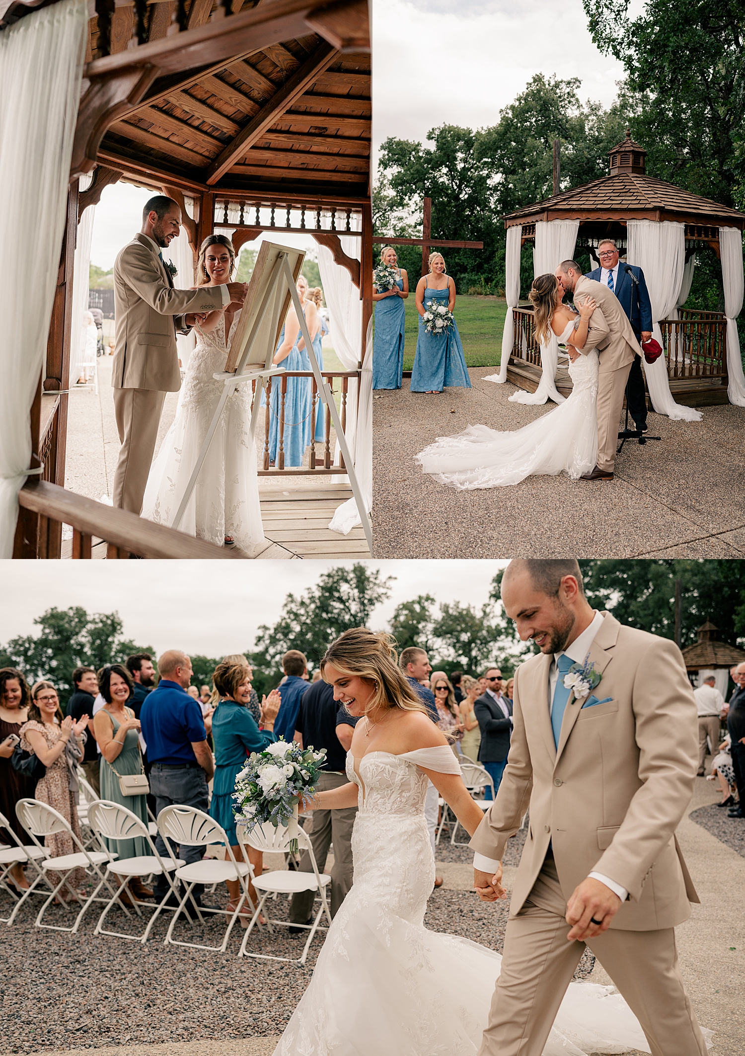 newlyweds kiss at gazebo alter by Minnesota photographer