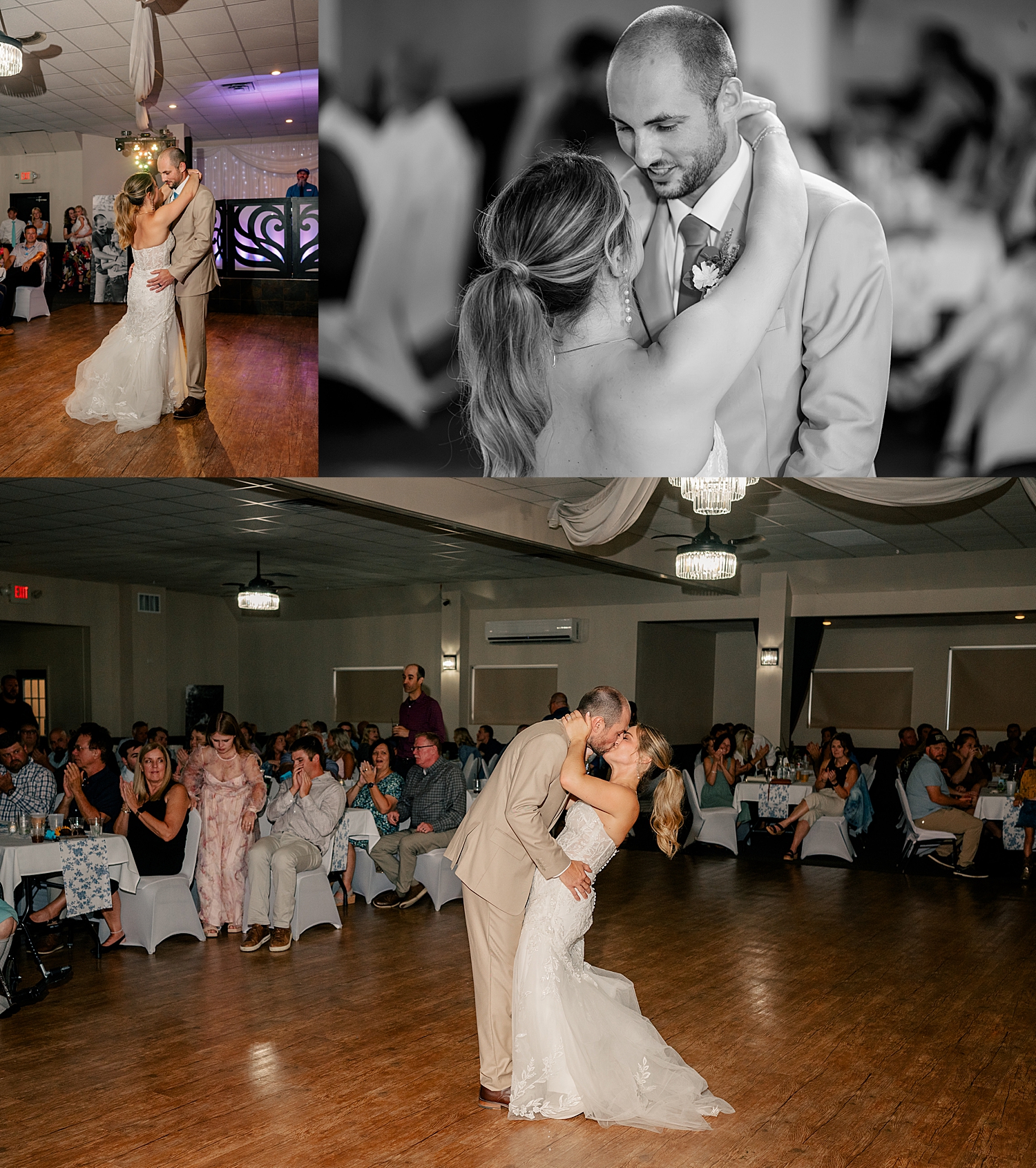 husband and wife share a first dance while guests watch by Rule Creative Co